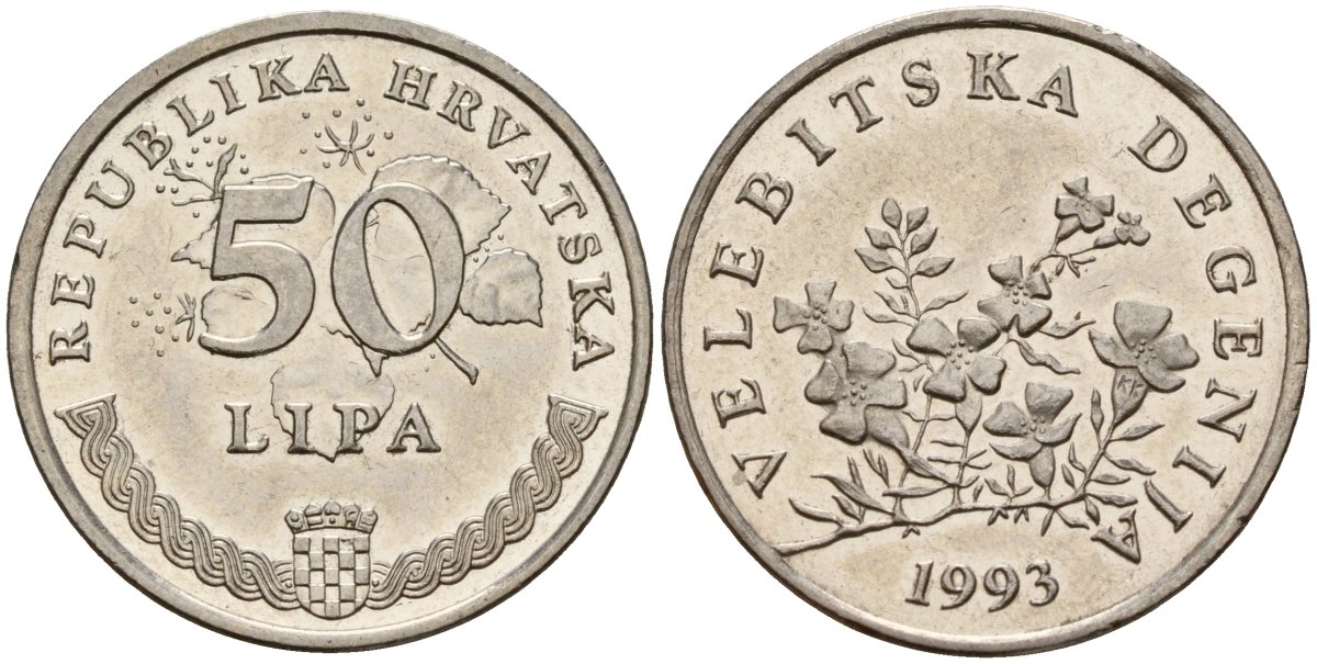 Хорватия 50 лип 1993 цветы Дегения велебитская, легенда на хорватском KM 8 сталь плакированная никелем 4154-633