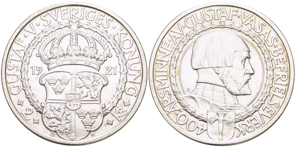 Швеция 2 кроны 1921 W, Густав V (1907-1950), 400 лет политических свобод KM 799 серебро 413-1045