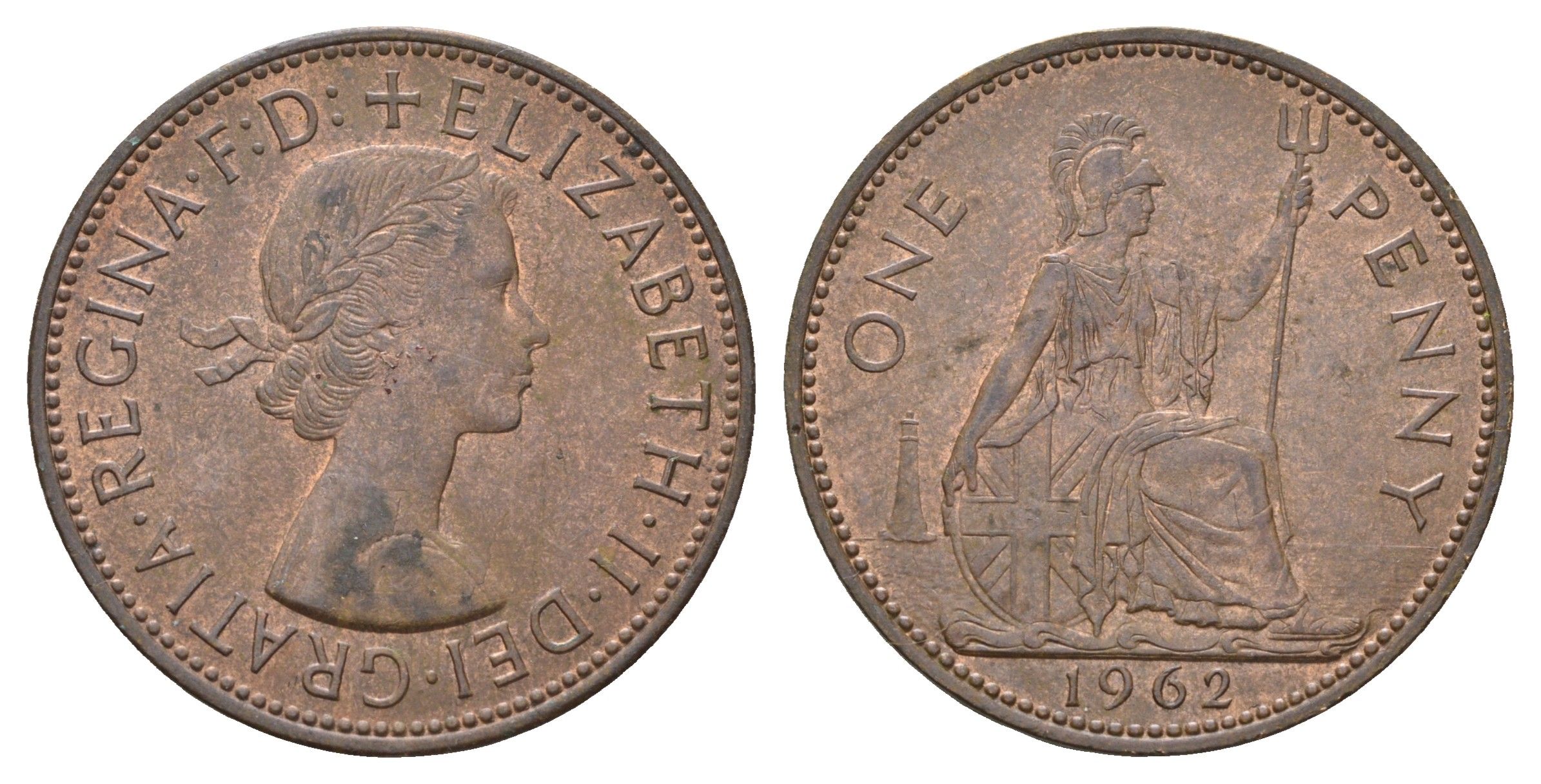 Великобритания 1 пенни 1962 Елизавета II (1952-2022) KM 897, Spink 4157 бронза 3855-223