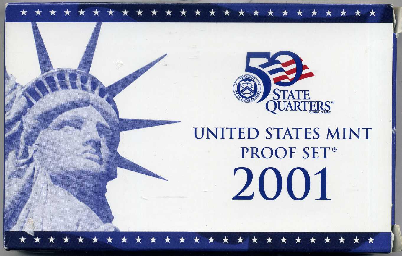 США 2 официальных набора в одном 2001 S, два пруфсета в пластиковых коробках, регулярный чекан и 5 квотеров штаты, в оригинальной коробке с сертификатом PROOF 00-00