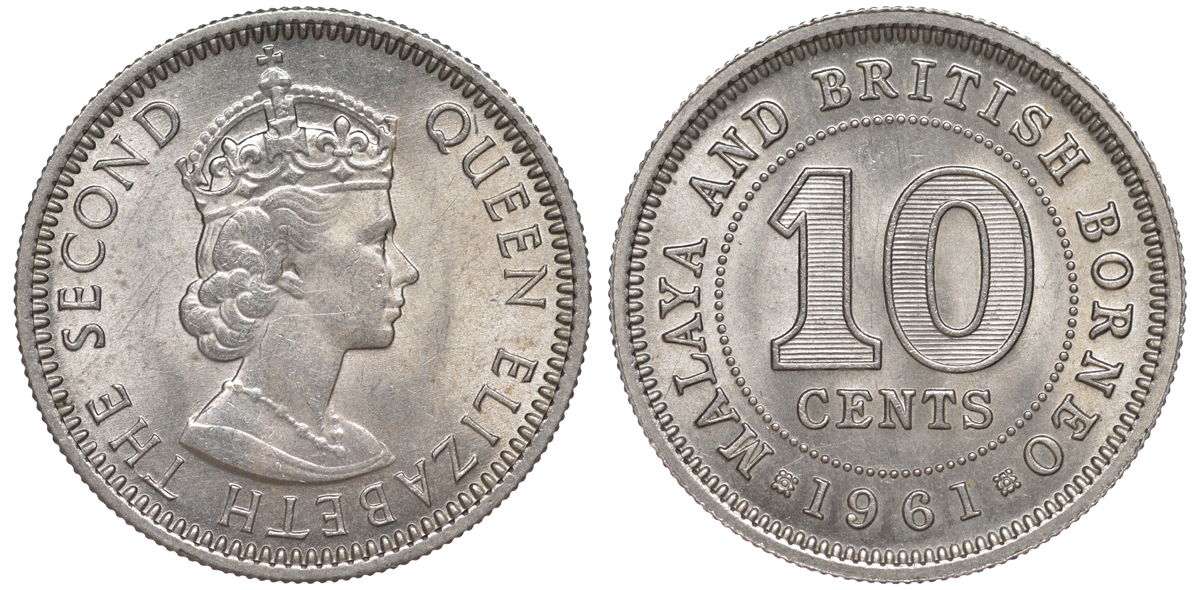 Малайя и Британское Борнео 10 центов 1961 Елизавета II (1952-2022) KM 2 медно-никель UNC 3334-1147