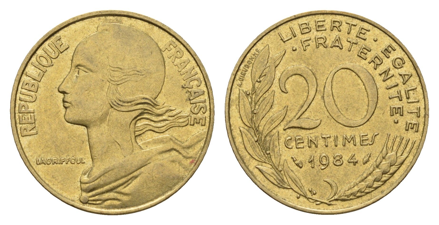 Франция 20 сантимов 1984 KM 930 алюминиевая бронза 202-441