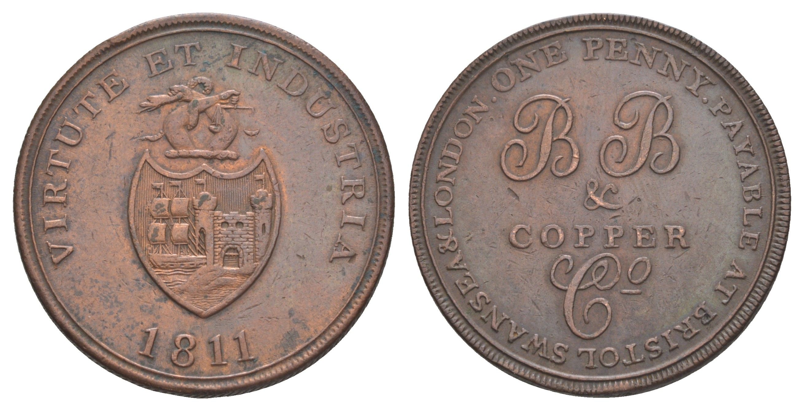 Великобритания, Бристоль, Сомерсет 1 пенни 1811 токен, рубчатый гурт, Британская медная компания Withers 430 медь 3711-522