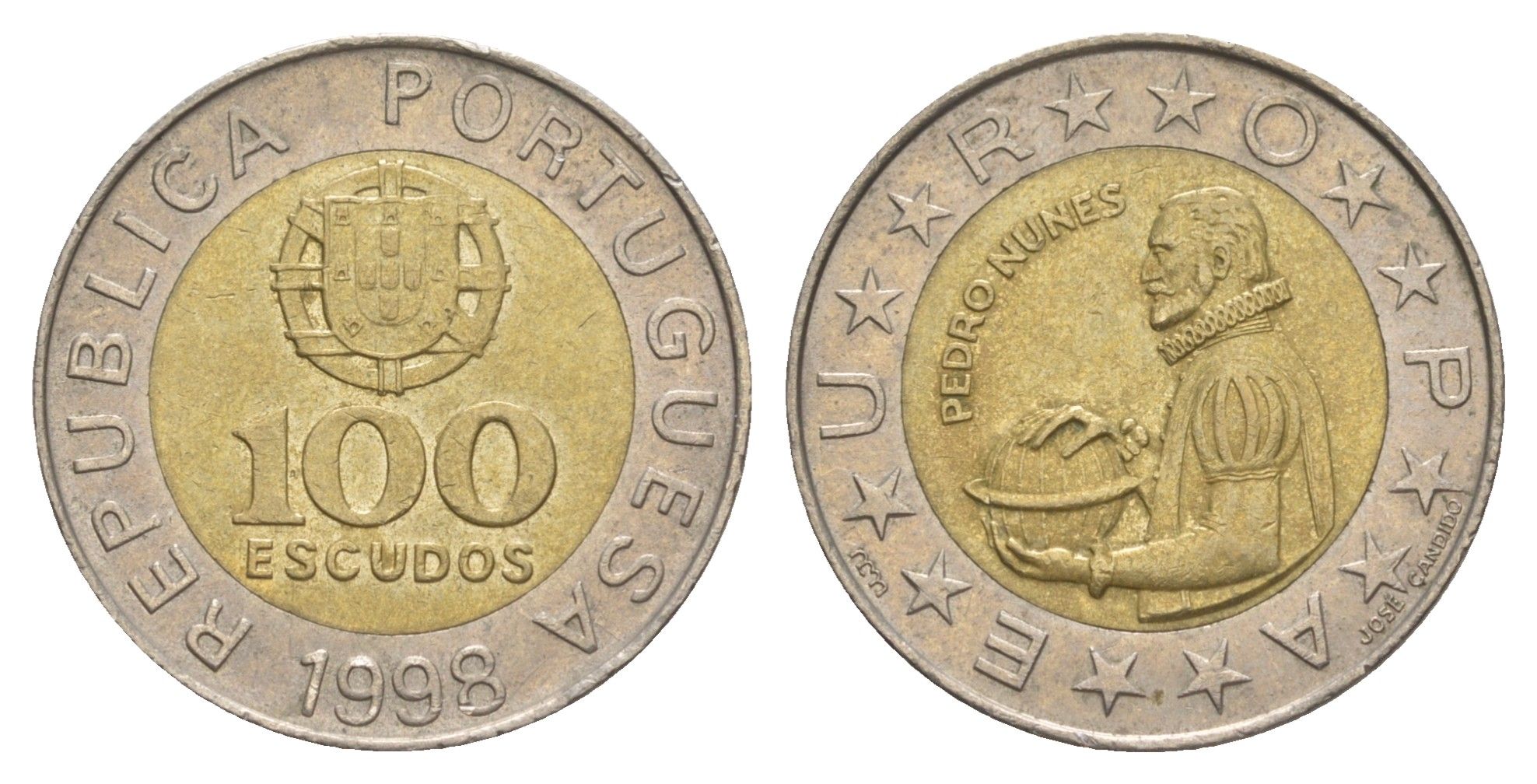Португалия 100 эскудо 1998 Педру Нуниш (1502-1578), математик KM 645 биметалл 4391-1053