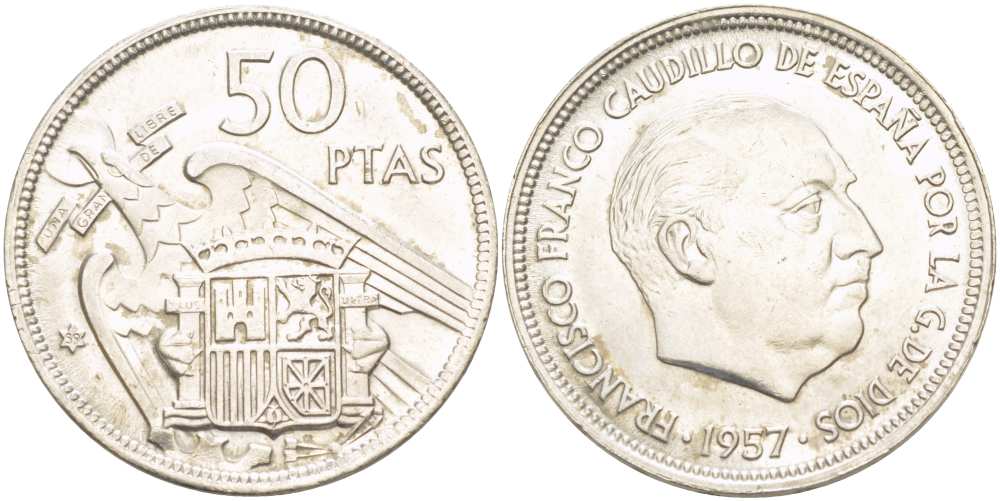 ИСПАНИЯ 50 ПЕСЕТ 1957 (59) ФРАНСИСКО ФРАНКО ДИКТАТОР ИСПАНИИ (1939-1975) KM 788 медно-никель XF+ 4517-241