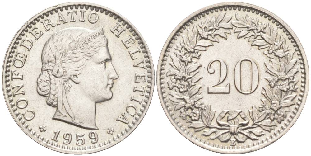 ШВЕЙЦАРИЯ 20 РАППЕНОВ 1959 В KM 29a медно-никель 55-752