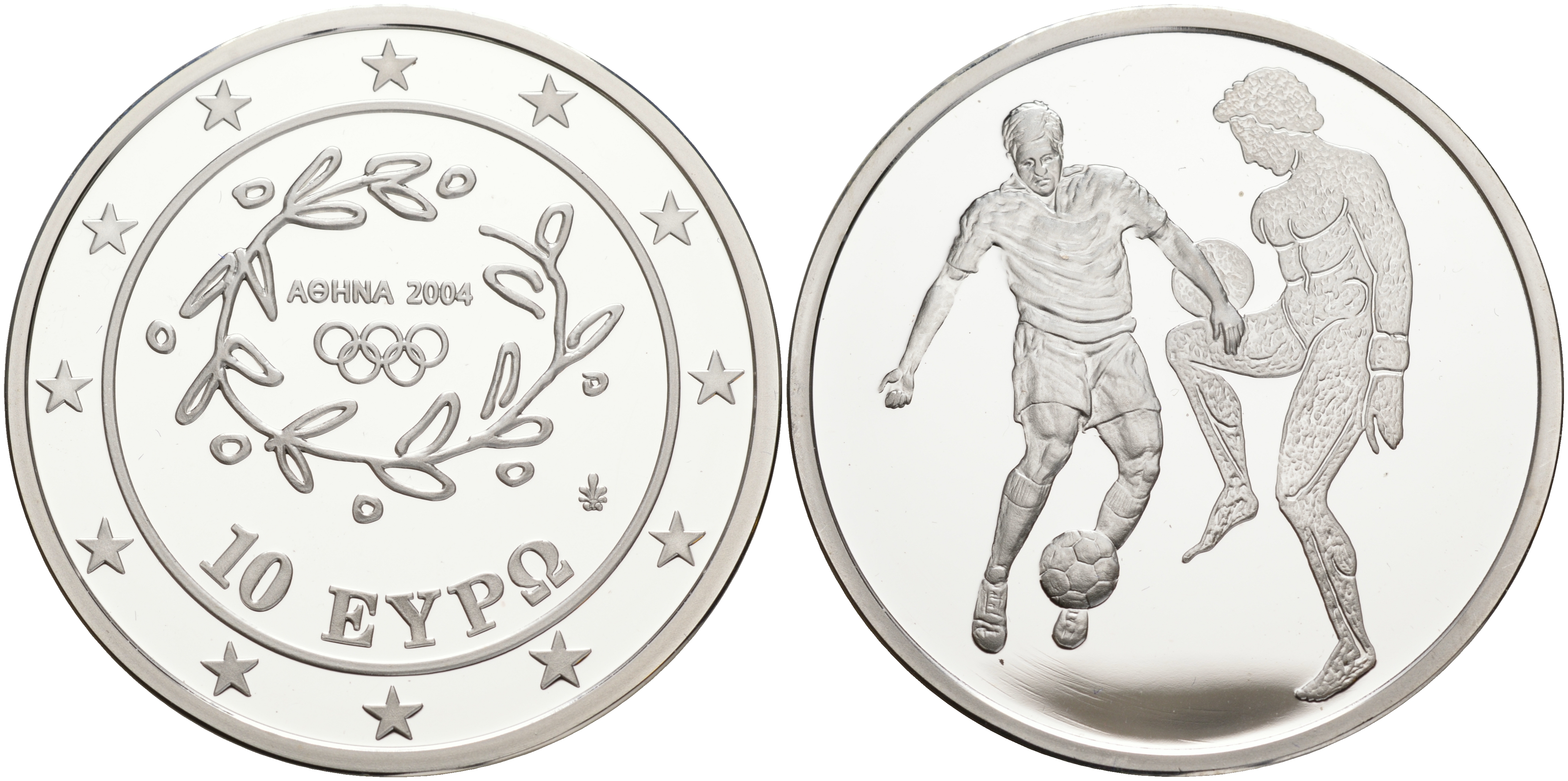 Греция 10 евро 2004 XXVIII летние Олимпийские игры 2004 года в Афинах, футбол KM 206 серебро PROOF 02-263-23