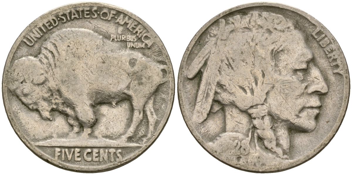 США 5 центов 1928 индеец, бизон KM 134 медно-никель 4519-1134