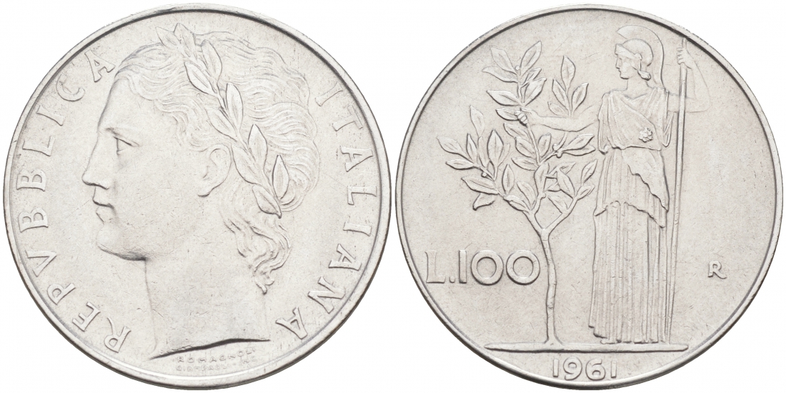 ИТАЛИЯ 100 ЛИР 1961 R АФИНА KM 96.1 сталь 3855-741