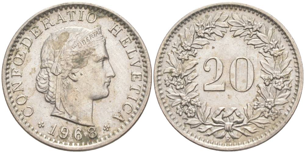 Швейцария 20 раппенов 1968 В KM 29a медно-никель 55-855