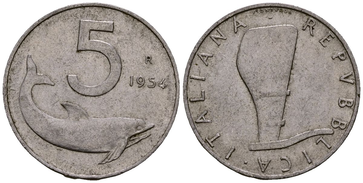 Италия 5 лир 1954 плуг, дельфин KM 92 алюминий 4176-222
