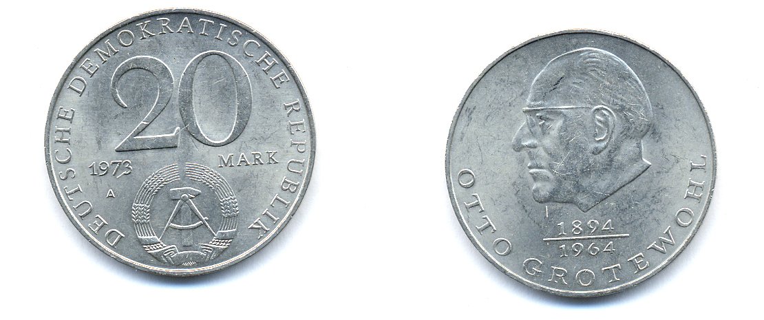 ГДР 20 марок 1973 А, Отто Гротеволь (1894-1964) KM 47 медно-никель 3333-426