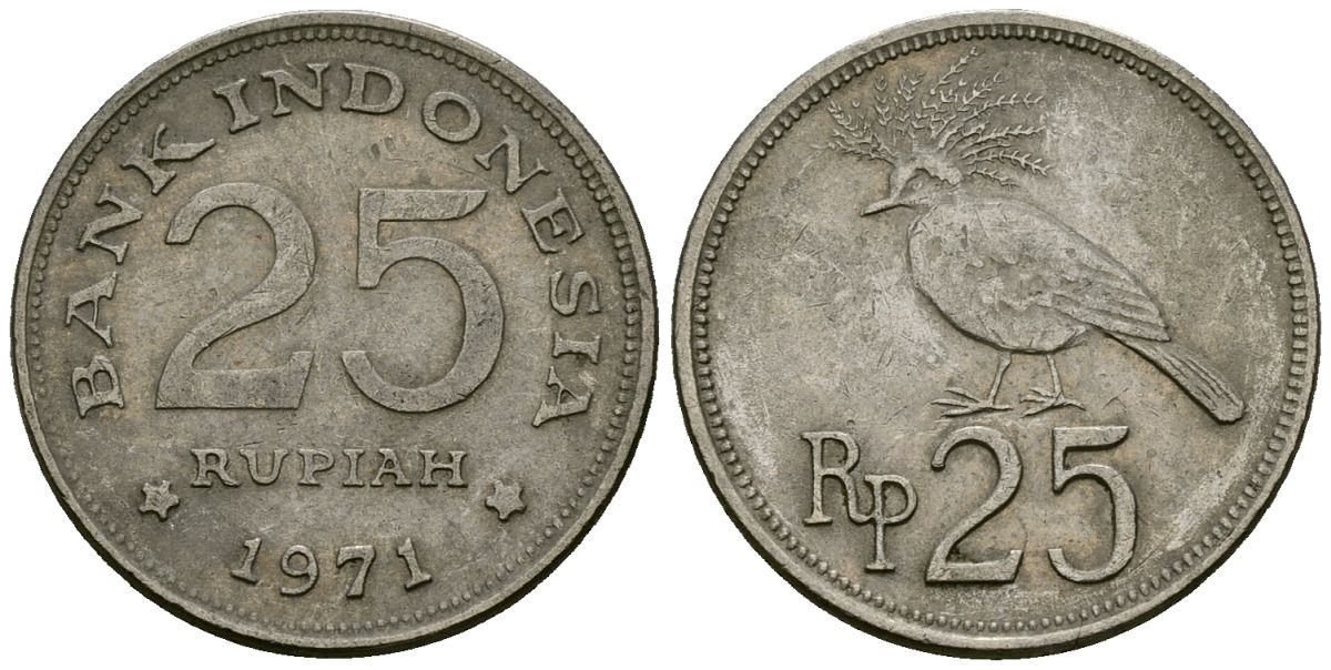 Индонезия 25 рупий 1971 венценосный голубь KM 34 медно-никель 4136-1043