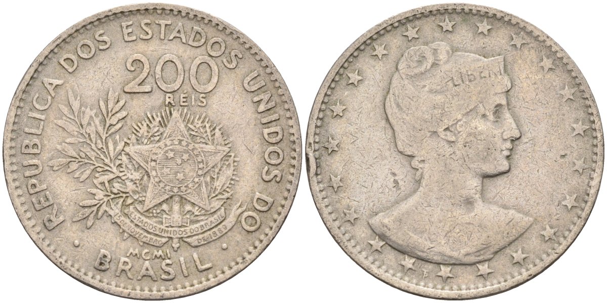 Бразилия 200 рейс 1901 голова свободы вправо KM 504 медно-никель 4589-1046