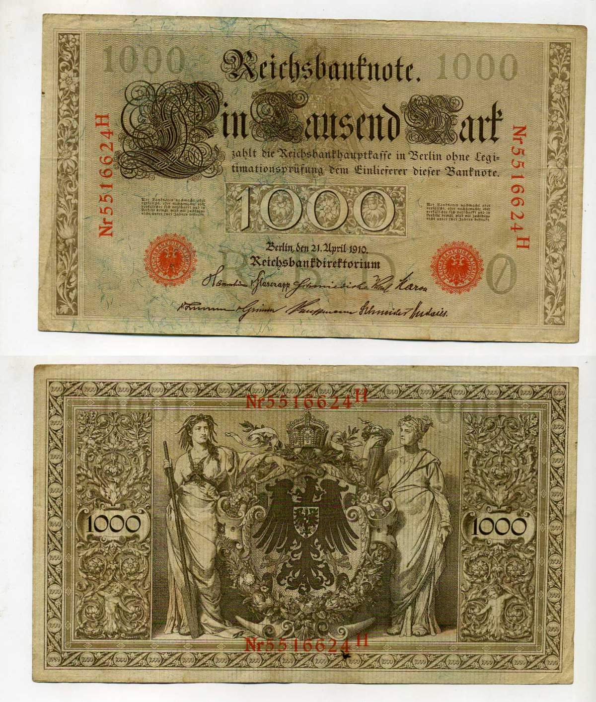 Германия 1000 марок 1910 красная печать, 7 значный номер Pick 44 b  бумага   8610-41-1-2