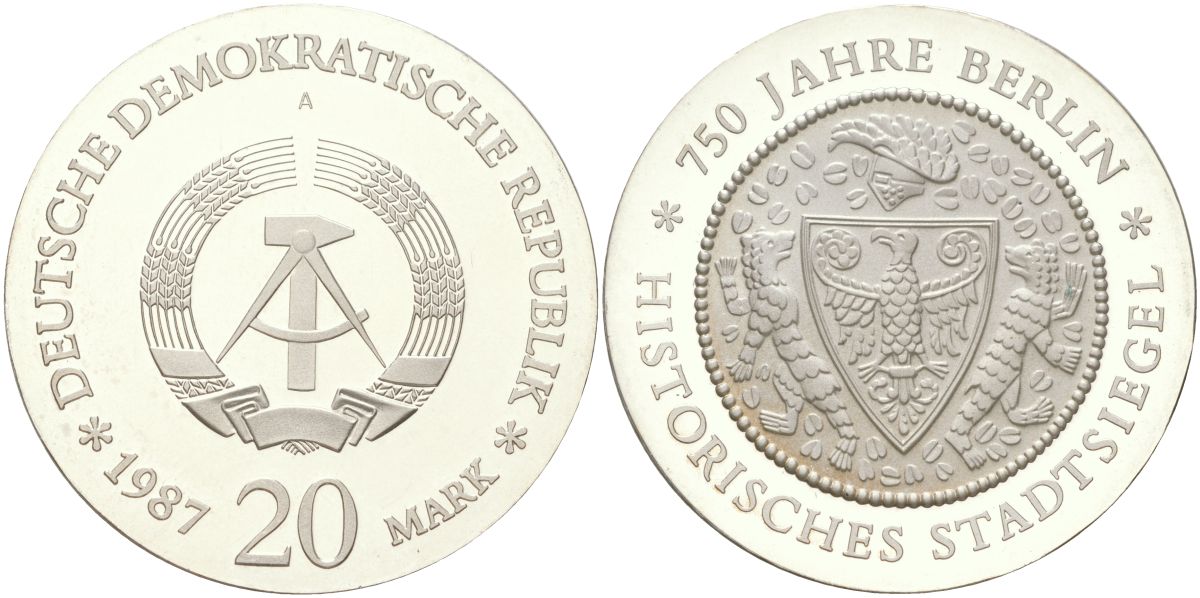 ГДР 20 марок 1987 A, 750 лет Берлину, герб города, тираж 4.400 экземпляров KM 119 серебро PROOF 00-903-10