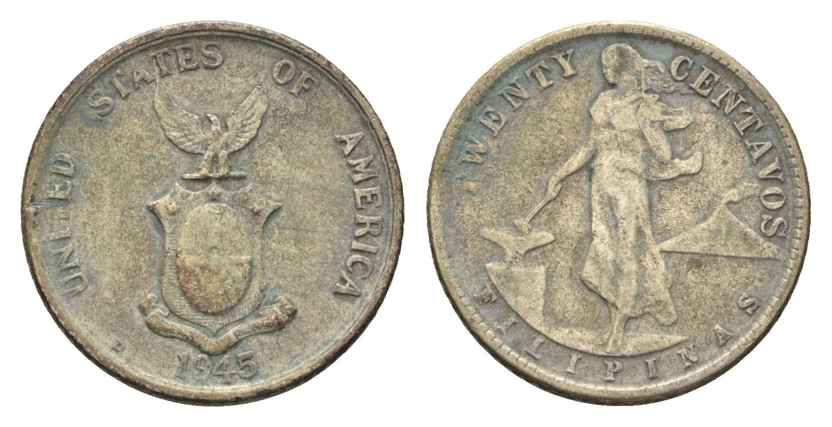 Филиппины 20 сентаво 1945 Администрация США KM 182 серебро 4659-1216