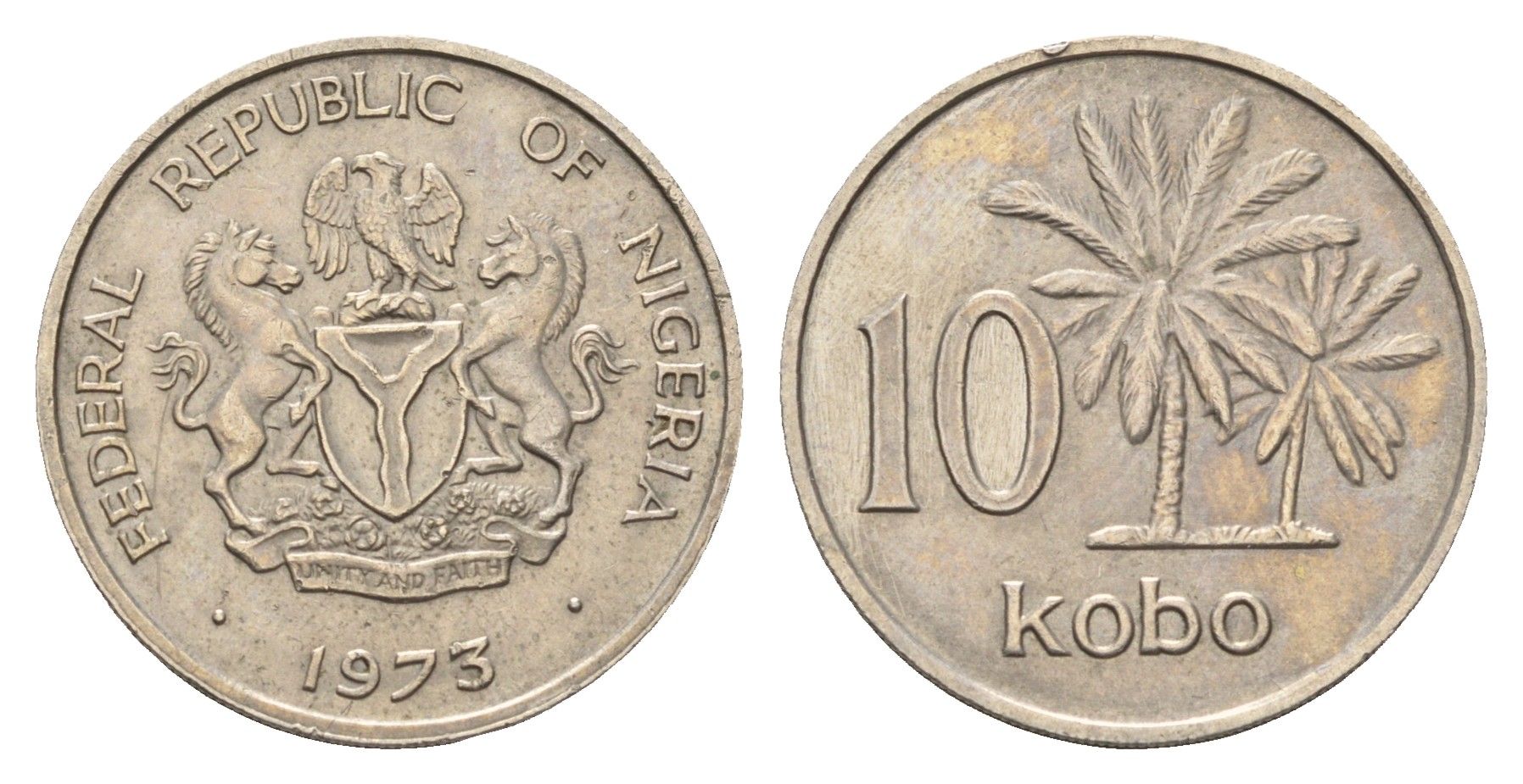 Нигерия 10 кобо 1973 пальмы KM 10.1 медно-никель 4619-156