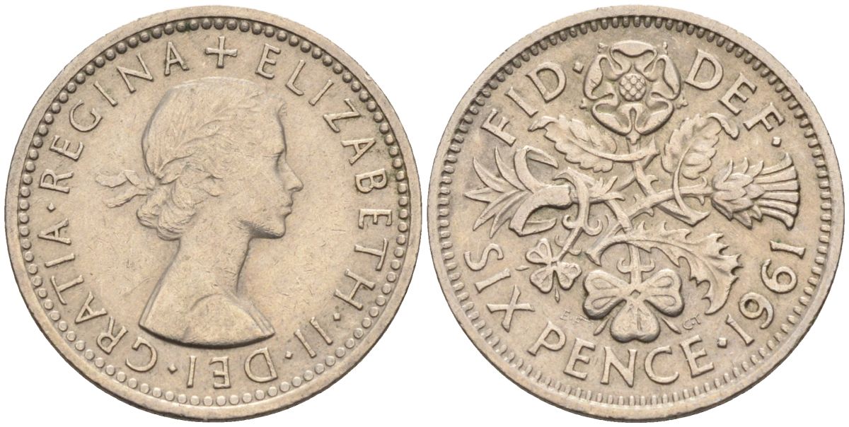 Великобритания 6 пенсов 1961 Елизавета II (1952-2022) KM 903, Spink 4149 медно-никель 4115-732