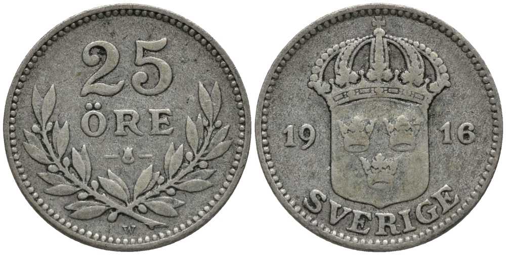Швеция 25 эре 1916 W, Густав V (1907-1950) КМ 785 серебро 201-1048
