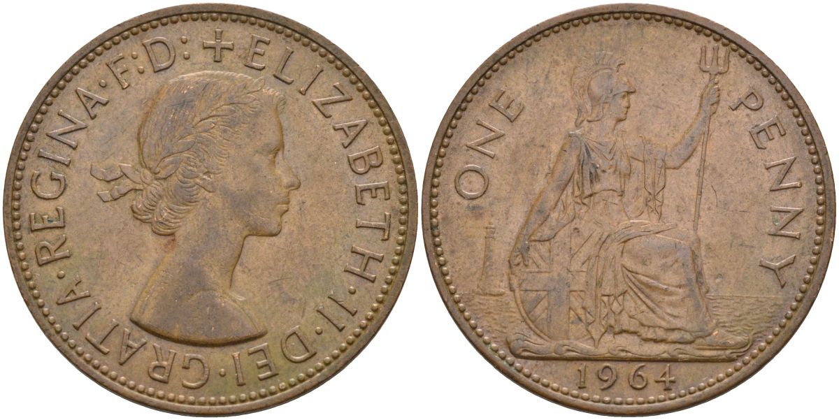Великобритания 1 пенни 1964 Елизавета II (1952-2022) KM 897, Spink 4157 бронза 4117-616