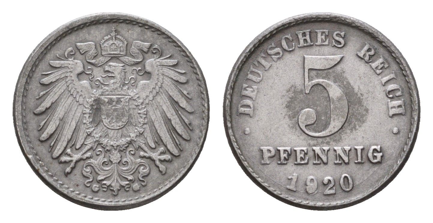 Германия 5 пфеннигов 1920 G KM 19, J. 297 железо плакированная цинком 4636-348
