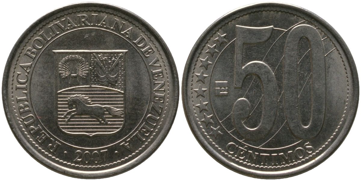 Венесуэла 50 сентимо 2007 KM 92, Schon 105 сталь плакированная никелем 4529-123