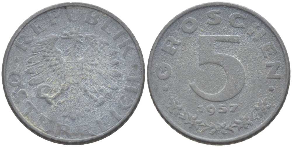 АВСТРИЯ 5 ГРОШЕЙ 1957 KM 2875 цинк 75-541