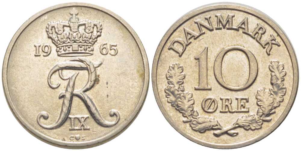 Дания 10 эре 1965 C;S, Фредерик IX (1947-1972) КМ 849.1 медно-никель 201-1224