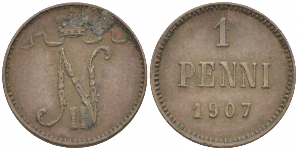 РОССИЯ ДЛЯ ФИНЛЯНДИИ 1 ПЕННИ 1907 НИКОЛАЙ II KM 13, Биткин 468 медь 4396-1327
