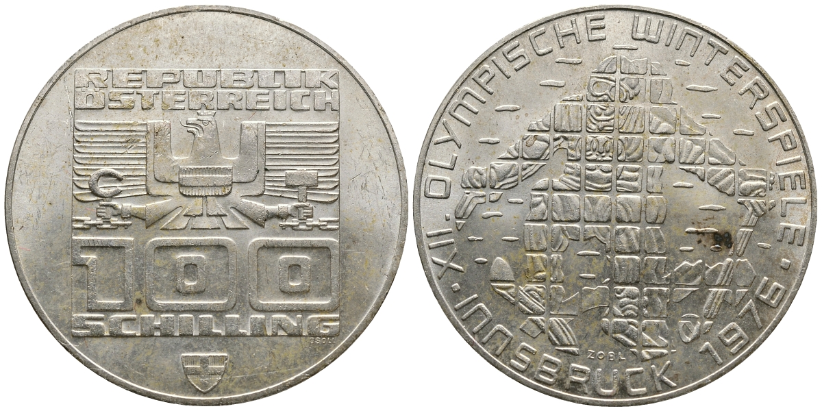 Австрия 100 шиллингов 1974 XII зимние Олимпийские игры в Инсбруке, лыжник KM 2928 серебро 413-4214