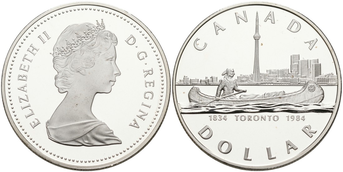Канада 1 доллар 1984 150 лет Торонто, каноэ KM 140 серебро PROOF 1095-4-44