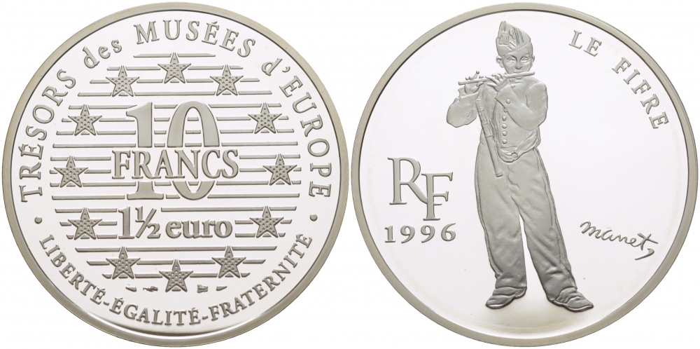 Франция 10 франков = 1 1/2 евро 1996 серия сокровища музеев Европы, игрок на флейте Эдуарда Мане KM 1122 серебро PROOF 00-00