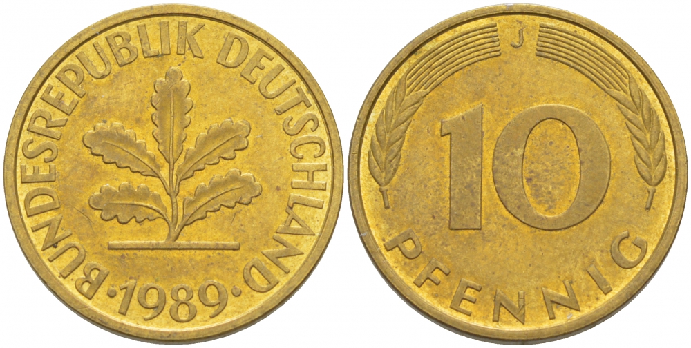 ФРГ 10 ПФЕННИГОВ 1989 J KM 108, J.383 сталь плакированная латунью 3718-841