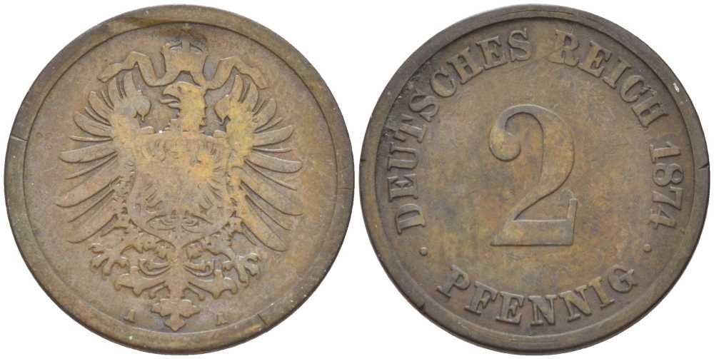 ГЕРМАНИЯ 2 ПФЕННИГА 1874 A, СТАРОГЕРБОВКА KM 2, J. 2, Weege 3 медь 212-445