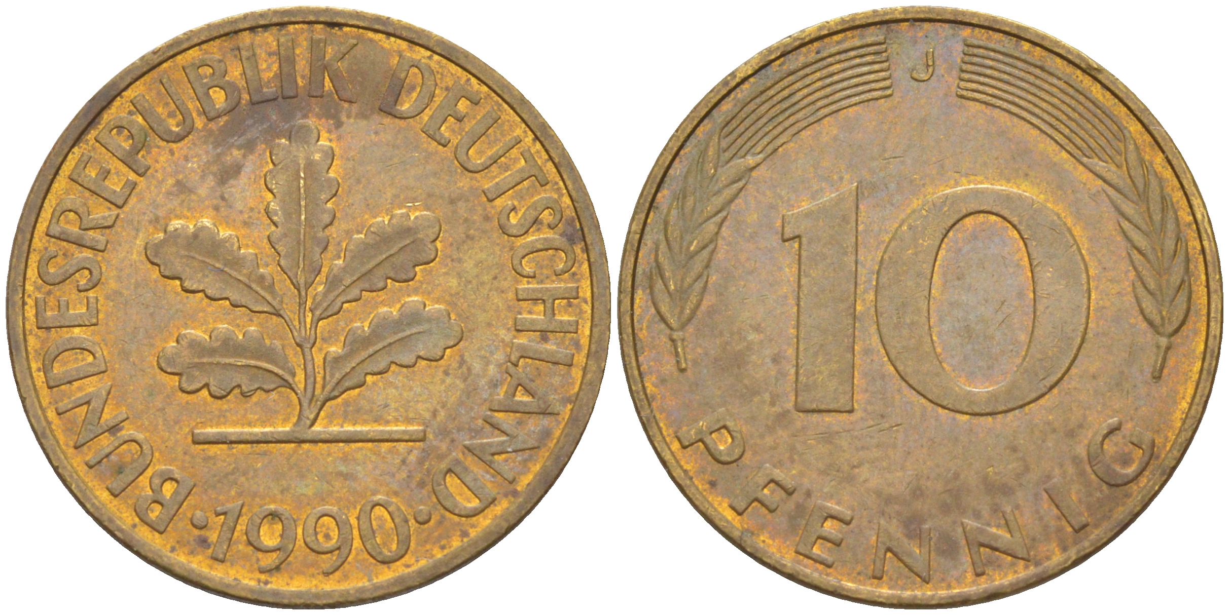 ФРГ 10 пфеннигов 1990 J KM 108, J. 383 сталь плакированная латунью 3459-127