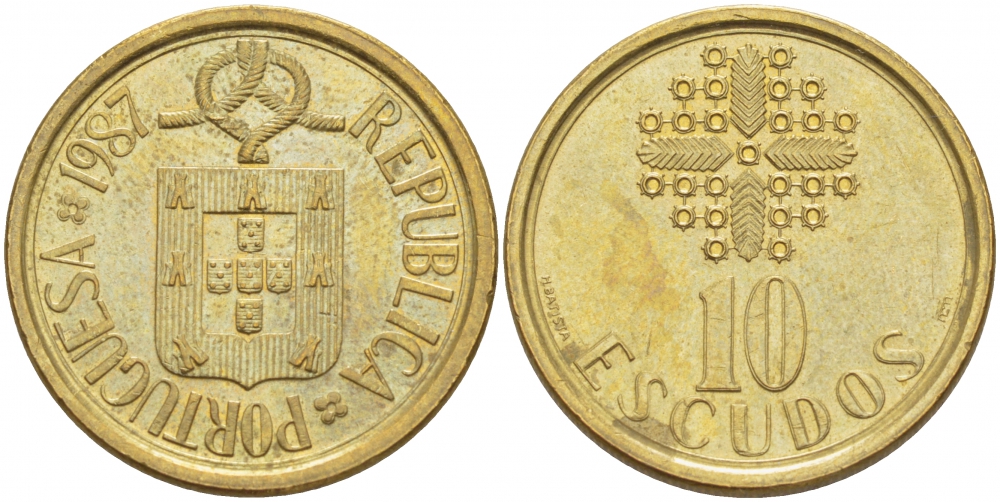 ПОРТУГАЛИЯ 10 ЭСКУДО 1987 KM 633 никель латунь 4523-536