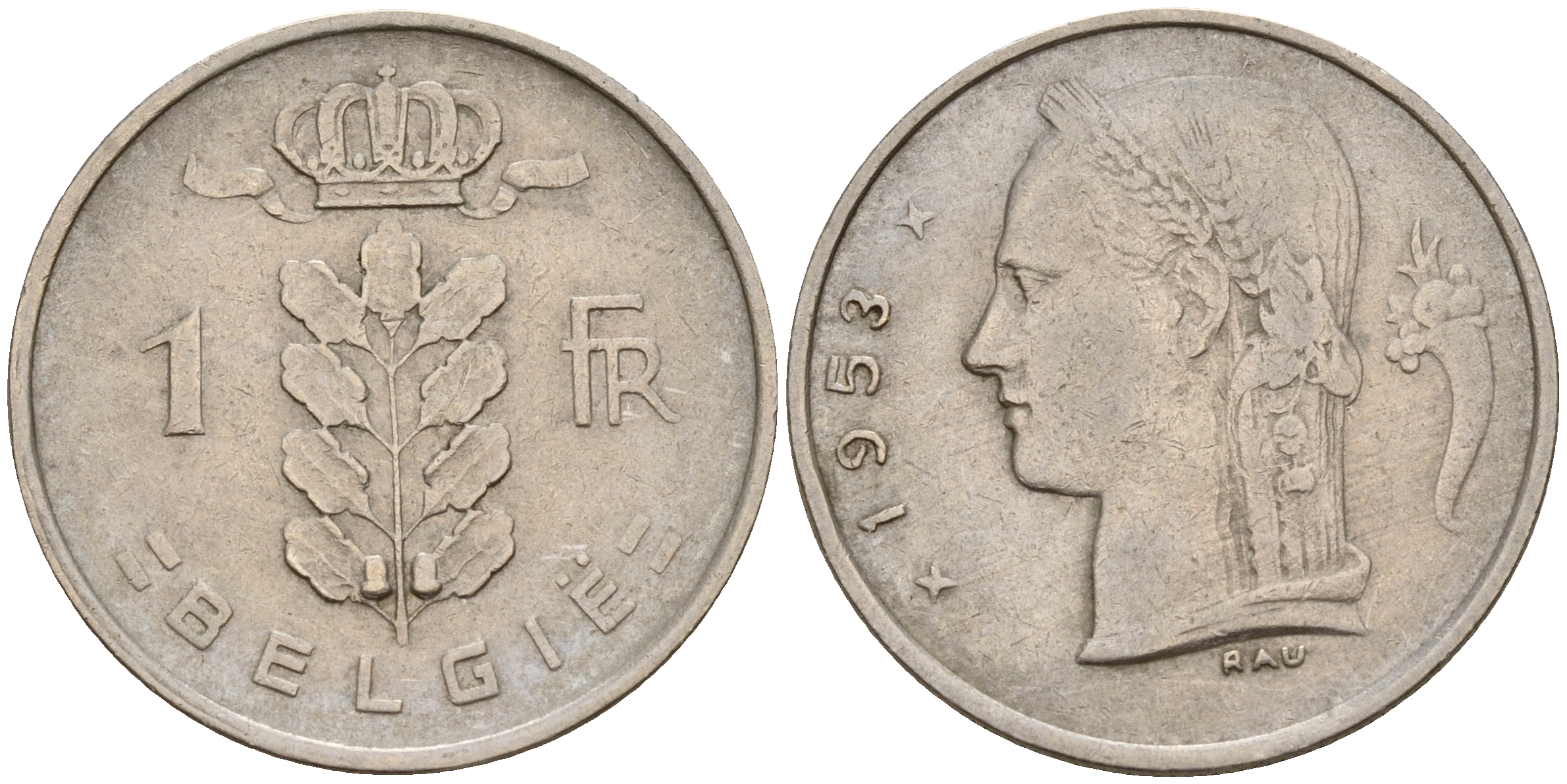 Бельгия 1 франк 1953 Belgie KM 143.1 медно-никель    4187-123