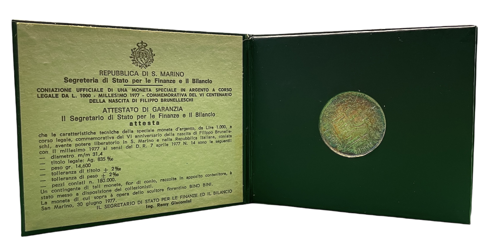 Сан-Марино 1000 лир 1977 600 лет со дня рождения Филиппо Брунеллески, архитектора и актера KM 72 серебро UNC 7-4-1-34