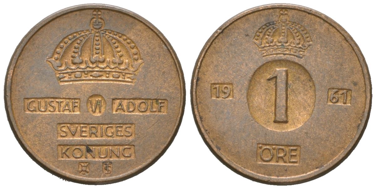 Швеция 1 эре 1961 U, Густав VI Адольф (1950-1973) KM 820 бронза 218-1243