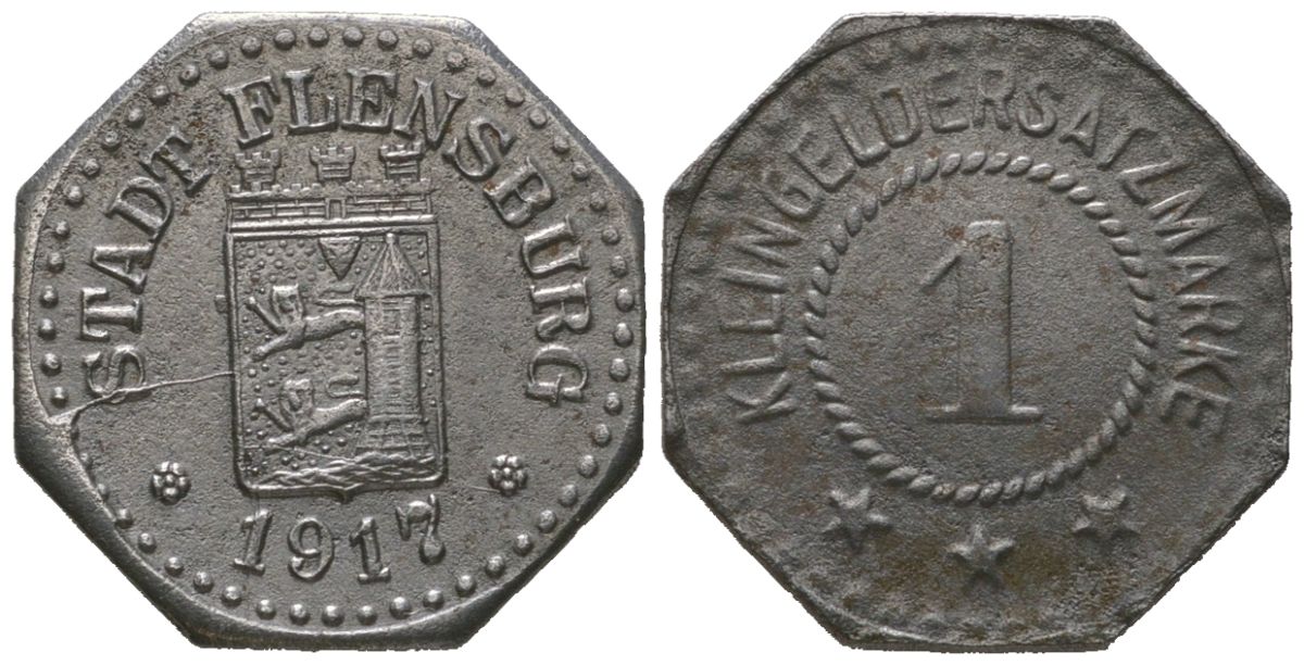 Фленсбург (Пруссия, Шлезвиг-Гольштейн) 1 пфенинг 1917 Funck 131.4A, Men05 7331.1, Men18 9227.1 железо 4610-831