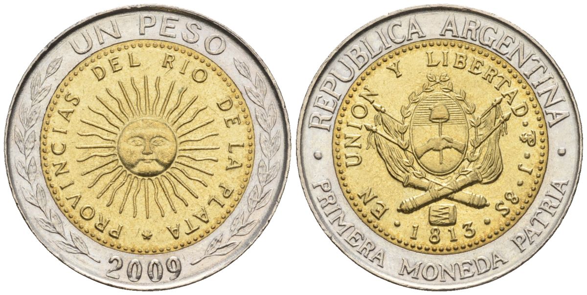 Аргентина 1 песо 2009 майское солнце, 8 эскудо 1813 KM 112.1, CJ 6.16.1, Schon 113  биметалл    60-622