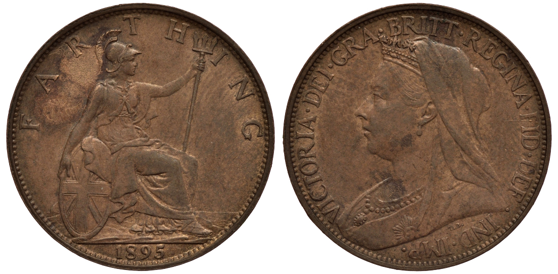 Великобритания 1 фартинг 1895 Виктория (1837-1901) KM 788.1, Spink 3963 бронза aUNC 1523-1233