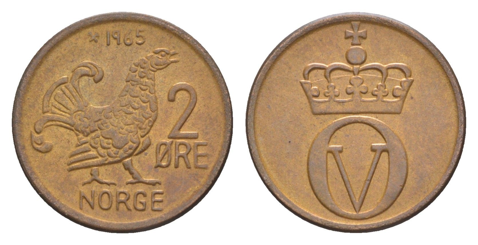 Норвегия 2 эре 1965 Улаф V (1957-1991) KM 410 бронза 4649-657