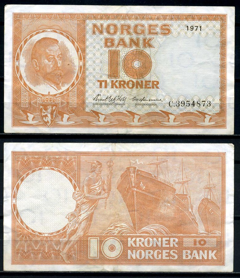 Норвегия 10 крон 1971 Кристиан Микельсен, шхуна, серия C, подписи: Wold & Qdegaard Pick 31f бумага 8621-40-1-1