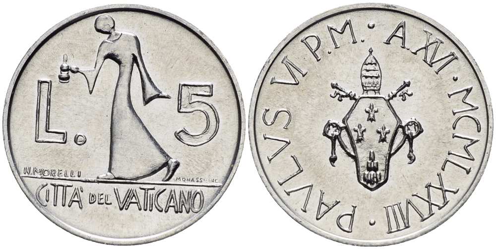 Ватикан 5 лир 1978 год  XVI, Павел VI (1963-1978) KM 133 алюминий UNC 4519-214