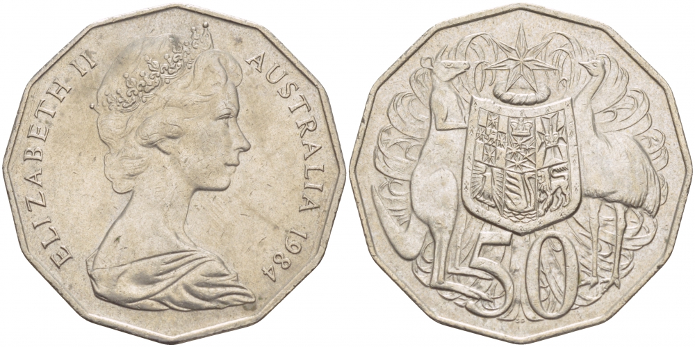 Австралия 50 центов 1984 Елизавета II (1952-2022), герб, кенгуру KM 68 медно-никель 29-121
