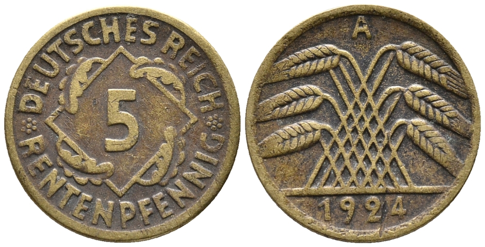 ГЕРМАНИЯ 5 РЕНТЕНПФЕННИГОВ 1924 A KM 32, J. 308 алюминиевая бронза 39-452