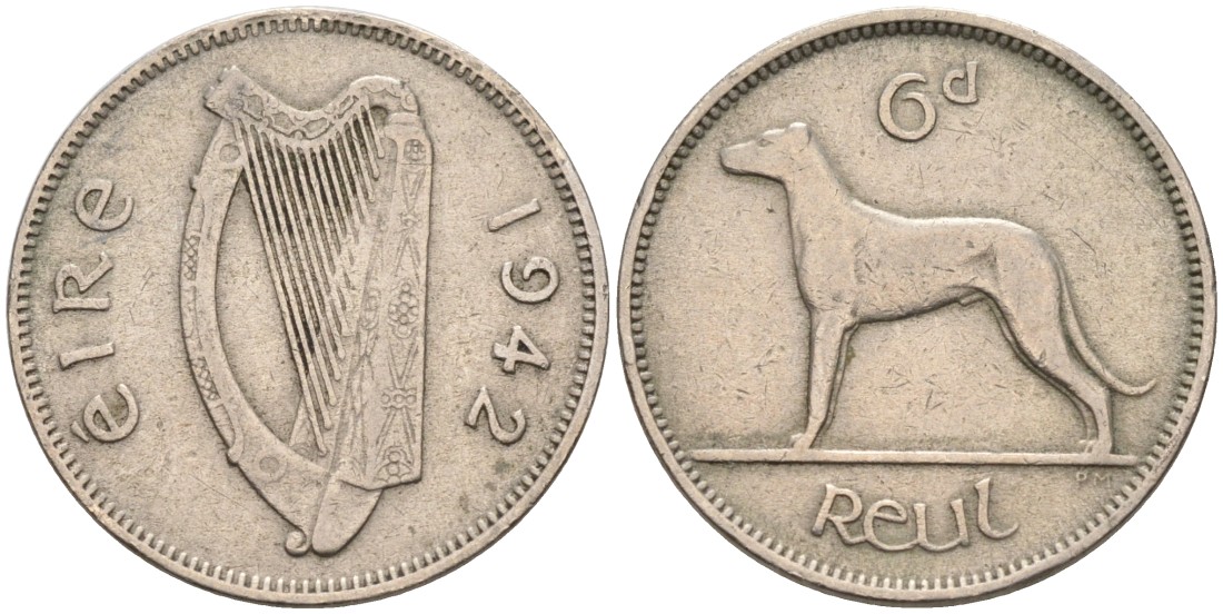 Ирландия 6 пенсов 1942 мрландский волкодав, собака KM 13а медно-никель 4561-1251