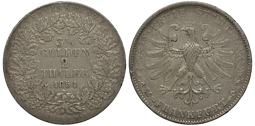 Франкфурт 2 талера = 3 1/2 гульдена 1854 Jaeger 23, Thun 131, AKS 2, Kahnt 182, KM 329, Davenport 641 серебро 00-815-55
